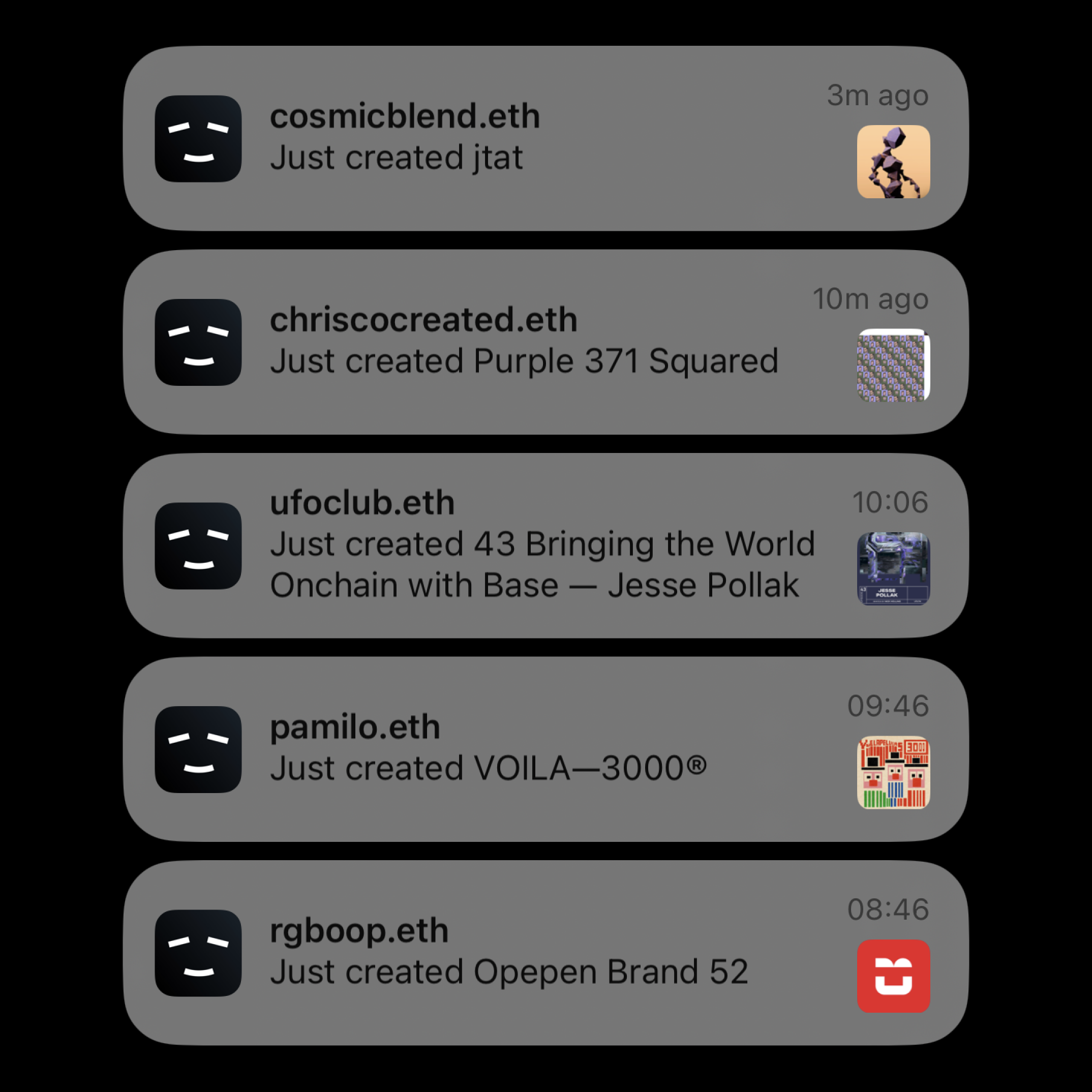 Notifications for creations