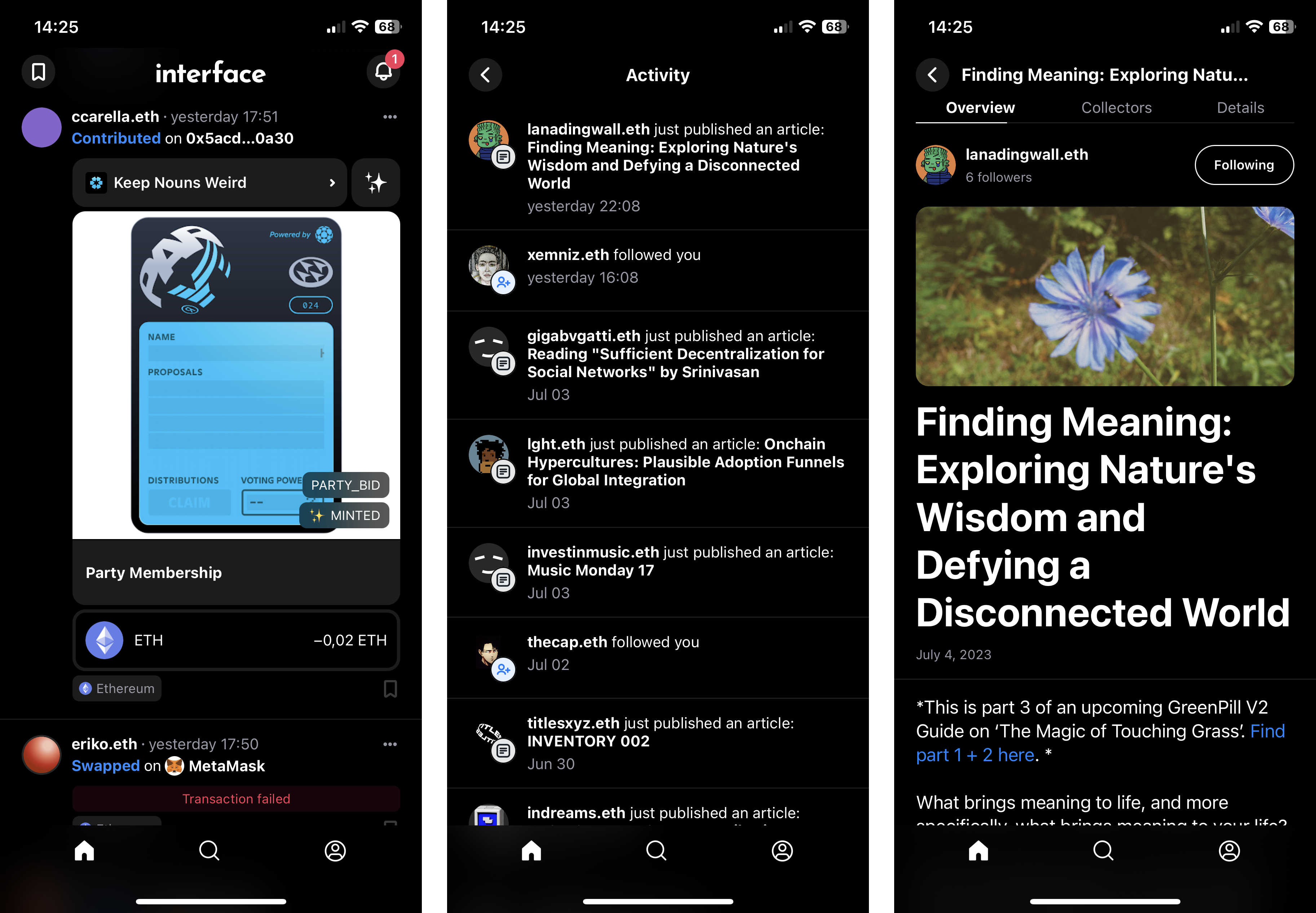 Notification button in feed, activity screen and an article